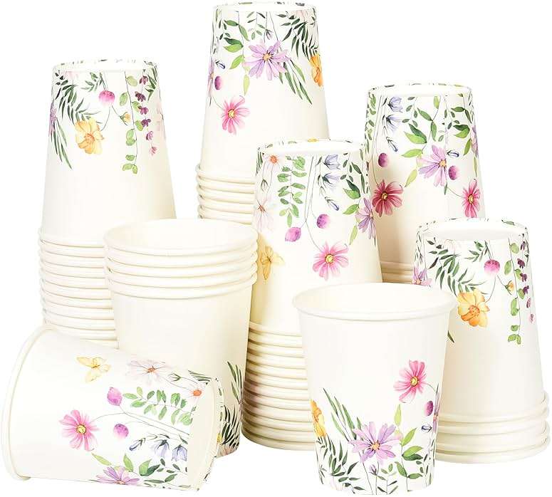 Elyxio 100Pcs Wildflowers Butterfly Disposable Party Paper Cups 9oz | Spring Summer Floral Hot Cold Beverage Drinking Cups for Bridal Wedding Shower Shower Party Supplies - Image 8