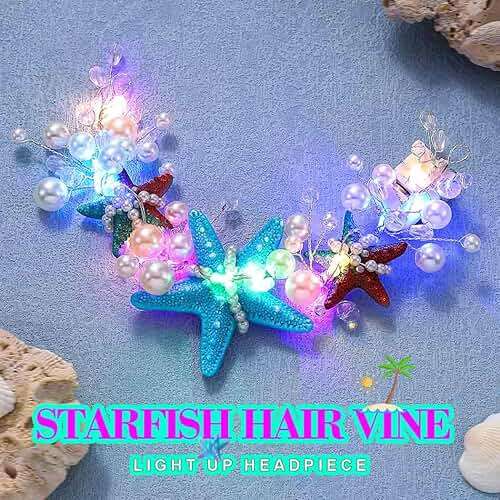 JAKAWIN Light Up Mermaid Costume Headpiece Starfish Ocean Hair Accessories for Women - Image 2
