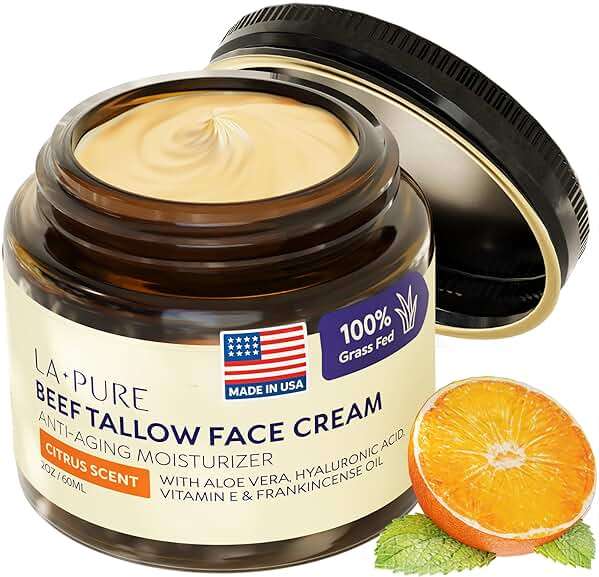 LA PURE Beef Tallow for Skin, Grass-Fed Tallow Face Cream with Aloe Vera, Hyaluronic Acid, Frankincense & Vitamin E to Hydrate, Firm, and Smooth Skin, Non-Greasy Moisturizer, Citrus Scent, 2 oz - Image 1