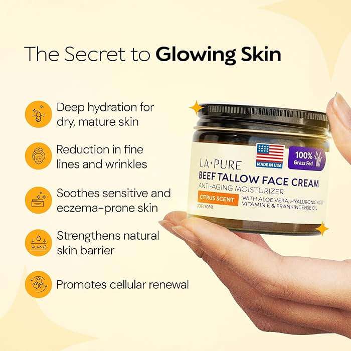 LA PURE Beef Tallow for Skin, Grass-Fed Tallow Face Cream with Aloe Vera, Hyaluronic Acid, Frankincense & Vitamin E to Hydrate, Firm, and Smooth Skin, Non-Greasy Moisturizer, Citrus Scent, 2 oz - Image 2