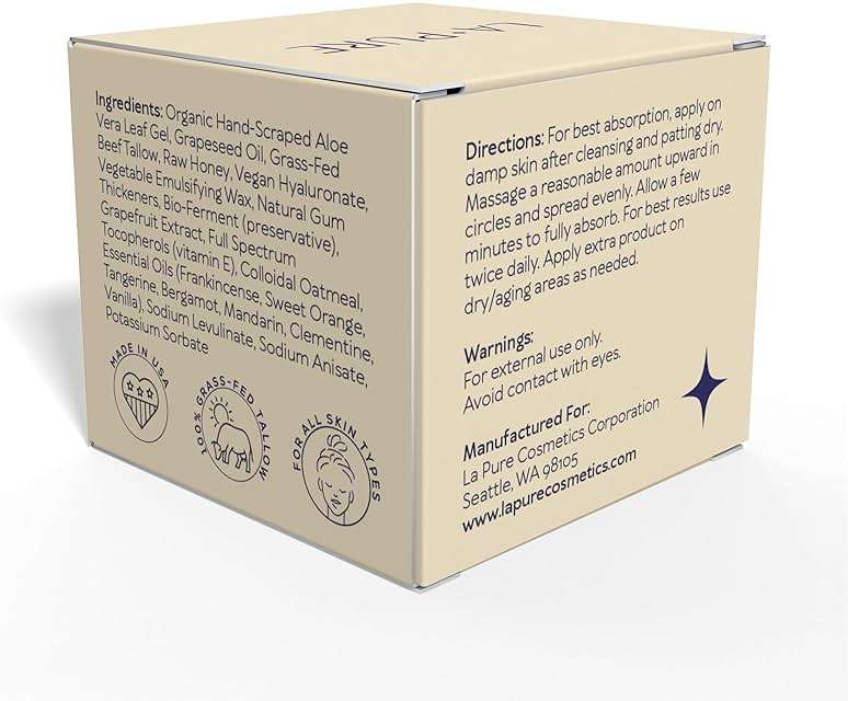 LA PURE Beef Tallow for Skin, Grass-Fed Tallow Face Cream with Aloe Vera, Hyaluronic Acid, Frankincense & Vitamin E to Hydrate, Firm, and Smooth Skin, Non-Greasy Moisturizer, Citrus Scent, 2 oz - Image 9