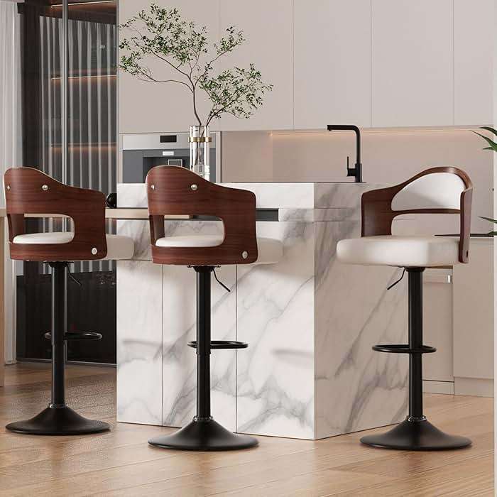 Nalupatio Modern Bar Stools Set of 3, Faux Leather Upholstered Swivel Bar Stools, Adjustable Counter Height Bar Chairs with Back for Kitchen Dining Room, White - Image 1