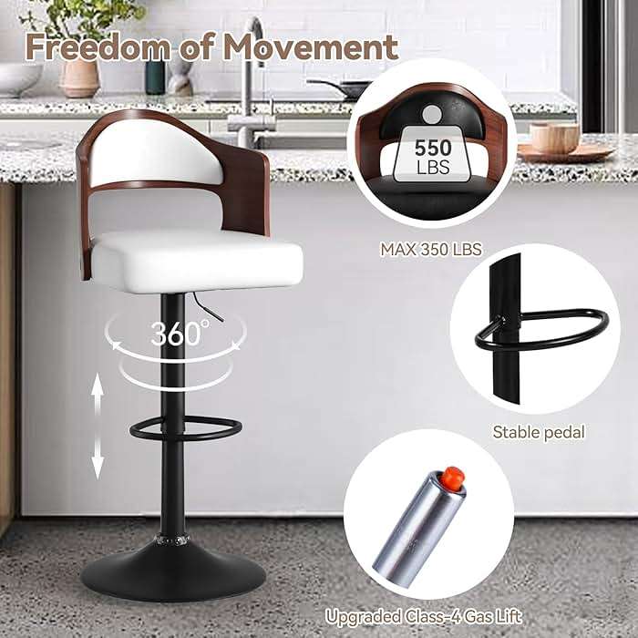 Nalupatio Modern Bar Stools Set of 3, Faux Leather Upholstered Swivel Bar Stools, Adjustable Counter Height Bar Chairs with Back for Kitchen Dining Room, White - Image 4