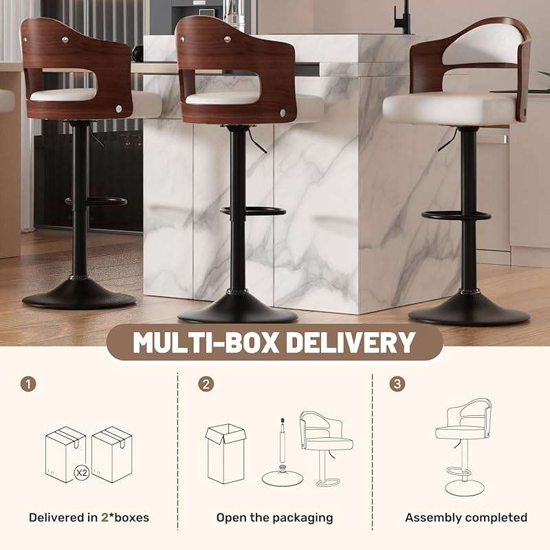 Nalupatio Modern Bar Stools Set of 3, Faux Leather Upholstered Swivel Bar Stools, Adjustable Counter Height Bar Chairs with Back for Kitchen Dining Room, White - Image 7