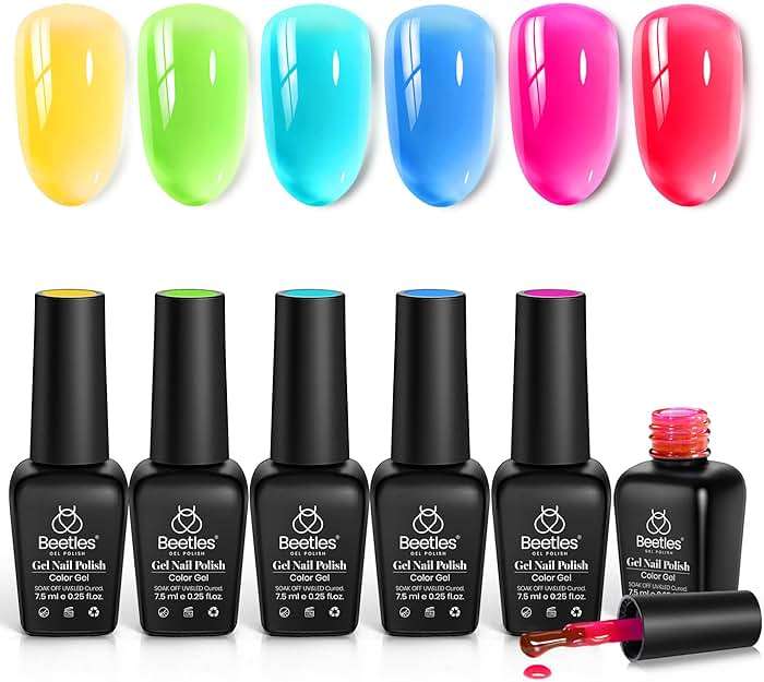 Beetles Neon Gel Nail Polish Set - 6 Colors Summer Jelly Gel Nail Polish Kit Hot Pink Red Blue Yellow Green Sheer Transparent Effect French Nail Art Tropical Glow Series Manicure Gift for Women - Image 1