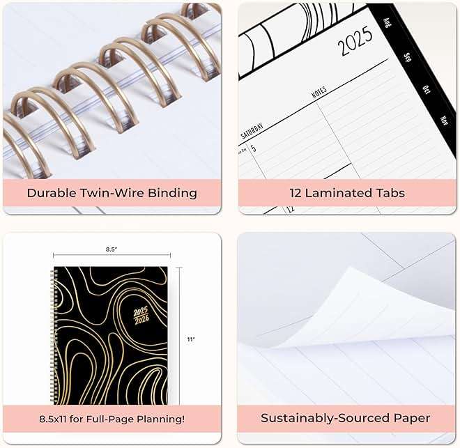 Blue Sky Idlewild 2025-2026 Weekly and Monthly Academic Year Planner Calendar, July 2025 - June 2026, 8.5" x 11", Flexible Cover, Wirebound, Laminated Tabs, Storage Pocket, Black Swirl - Image 8