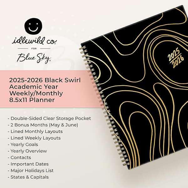 Blue Sky Idlewild 2025-2026 Weekly and Monthly Academic Year Planner Calendar, July 2025 - June 2026, 8.5" x 11", Flexible Cover, Wirebound, Laminated Tabs, Storage Pocket, Black Swirl - Image 9