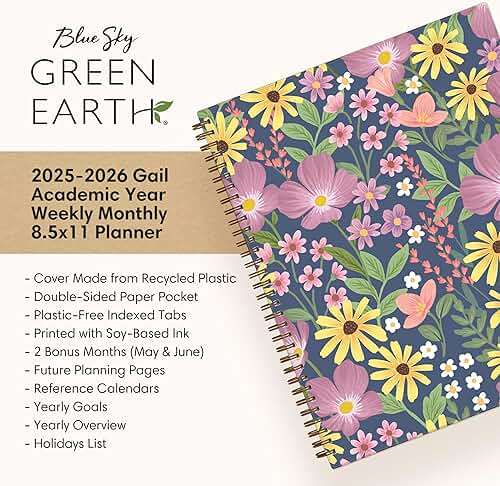 Blue Sky Sustainability 2025-2026 Weekly and Monthly Academic Year Planner Calendar, July 2025 - June 2026, 8.5" x 11", Flexible Cover From Recycled Plastic, Wirebound, Laminated Tabs, Storage Pocket, Gail - Image 8