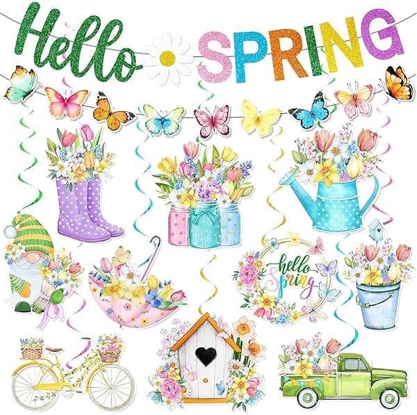 Spring Decorations Banner,Spring Party Decorations Includes Hello Spring Banner and Butterfly Spring Hanging Swirls, Spring Decorations for Office Home Classroom - Image 1