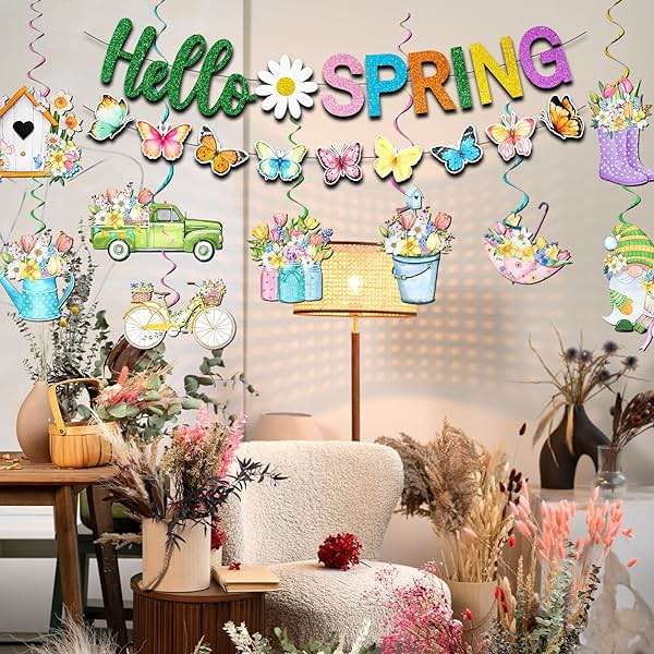Spring Decorations Banner,Spring Party Decorations Includes Hello Spring Banner and Butterfly Spring Hanging Swirls, Spring Decorations for Office Home Classroom - Image 3