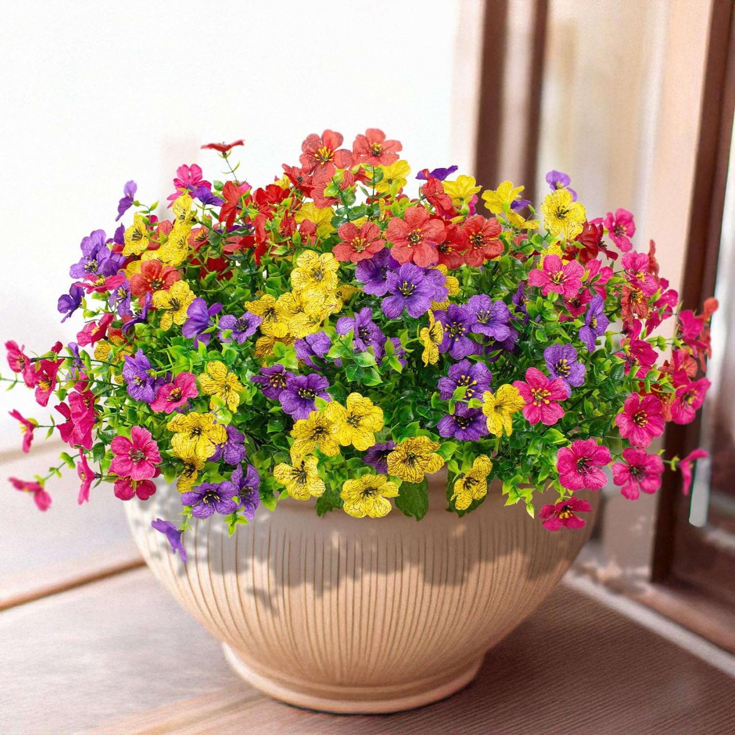 16 Bundles Artificial Flowers Outdoor Spring Summer Decoration Fake Silk Colorful Daisy Eucalyptus Realistic UV Outside Faux Plants for Garden Porch Window Box Home Decor(Red Yellow Pink Purple) - Image 1