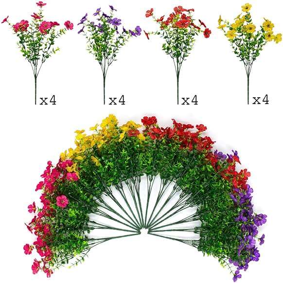 16 Bundles Artificial Flowers Outdoor Spring Summer Decoration Fake Silk Colorful Daisy Eucalyptus Realistic UV Outside Faux Plants for Garden Porch Window Box Home Decor(Red Yellow Pink Purple) - Image 2