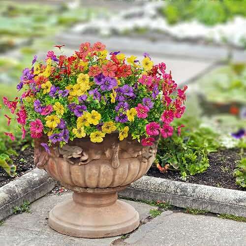 16 Bundles Artificial Flowers Outdoor Spring Summer Decoration Fake Silk Colorful Daisy Eucalyptus Realistic UV Outside Faux Plants for Garden Porch Window Box Home Decor(Red Yellow Pink Purple) - Image 4