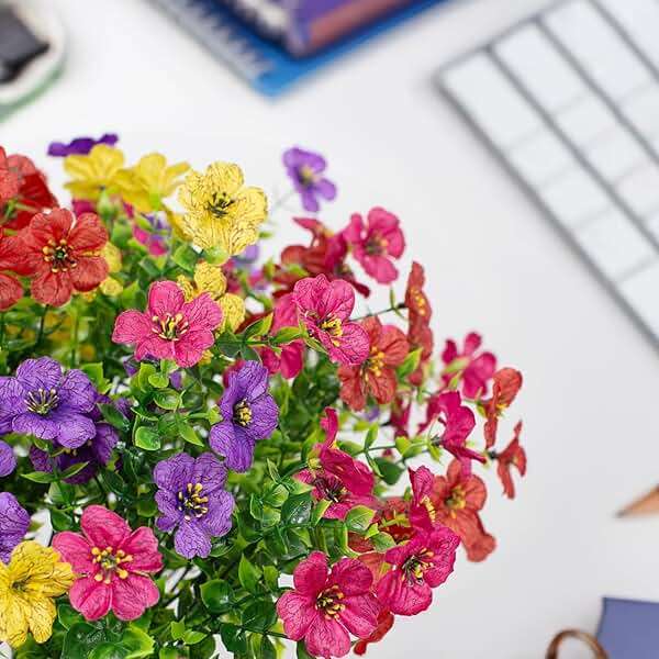 16 Bundles Artificial Flowers Outdoor Spring Summer Decoration Fake Silk Colorful Daisy Eucalyptus Realistic UV Outside Faux Plants for Garden Porch Window Box Home Decor(Red Yellow Pink Purple) - Image 6