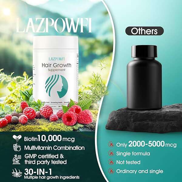 Lazpowfi Hair Growth Products, Biotin 10000mcg, 30-in-1 with Vitamin A, B3, C, D, E, Calcium, Hair Growth Supplement, Supports Hair & Nails Natural Growth Vitamins, for Women & Men - 30 Servings - Image 3