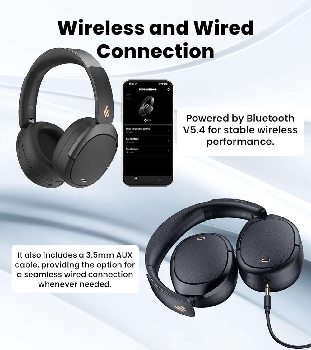Edifier W80 Over Ear Headphones with -49dB Active Noise Cancelling, LDAC Hi-Res Wired & Wireless, AI Clear Call, Fast Charging, Multipoint Connection, Bluetooth V5.4 - Black - Image 7