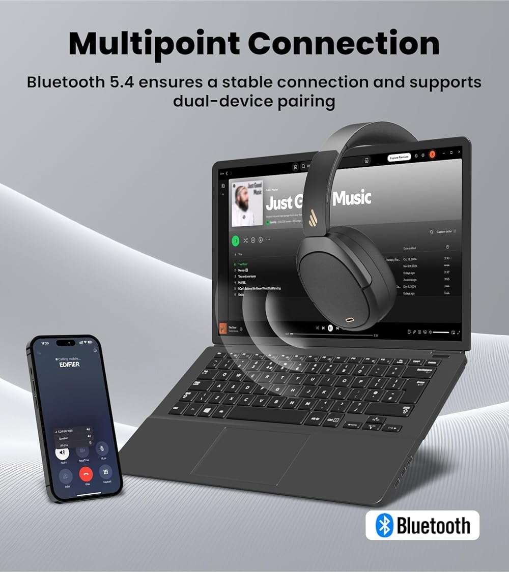 Edifier W80 Over Ear Headphones with -49dB Active Noise Cancelling, LDAC Hi-Res Wired & Wireless, AI Clear Call, Fast Charging, Multipoint Connection, Bluetooth V5.4 - Black - Image 9