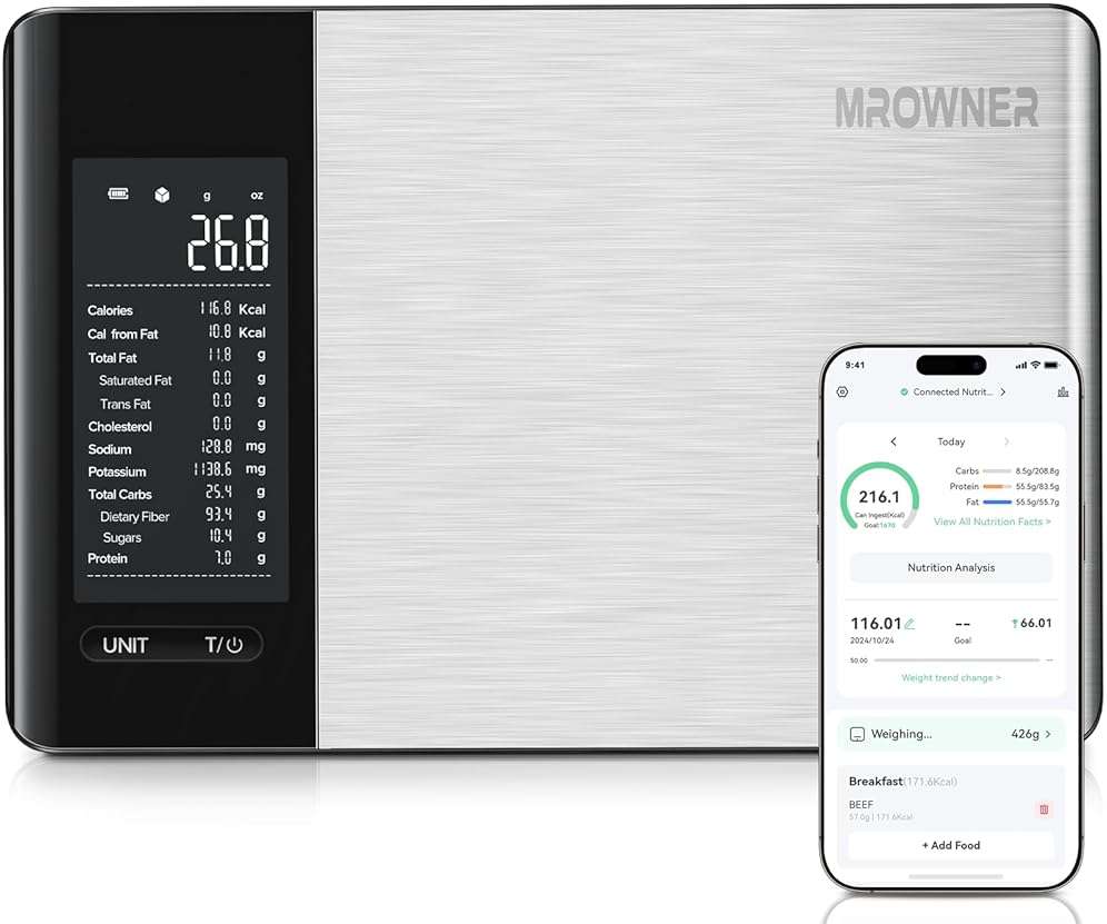 MrOwner Smart Food Kitchen Scale with Nutritional Calculator, Free App with 19 Nutrients Tracking, Calorie, Marco, Digital Weight Grams and Ounces for Weight Loss, Premium Stainless Steel, 22lb - Image 1