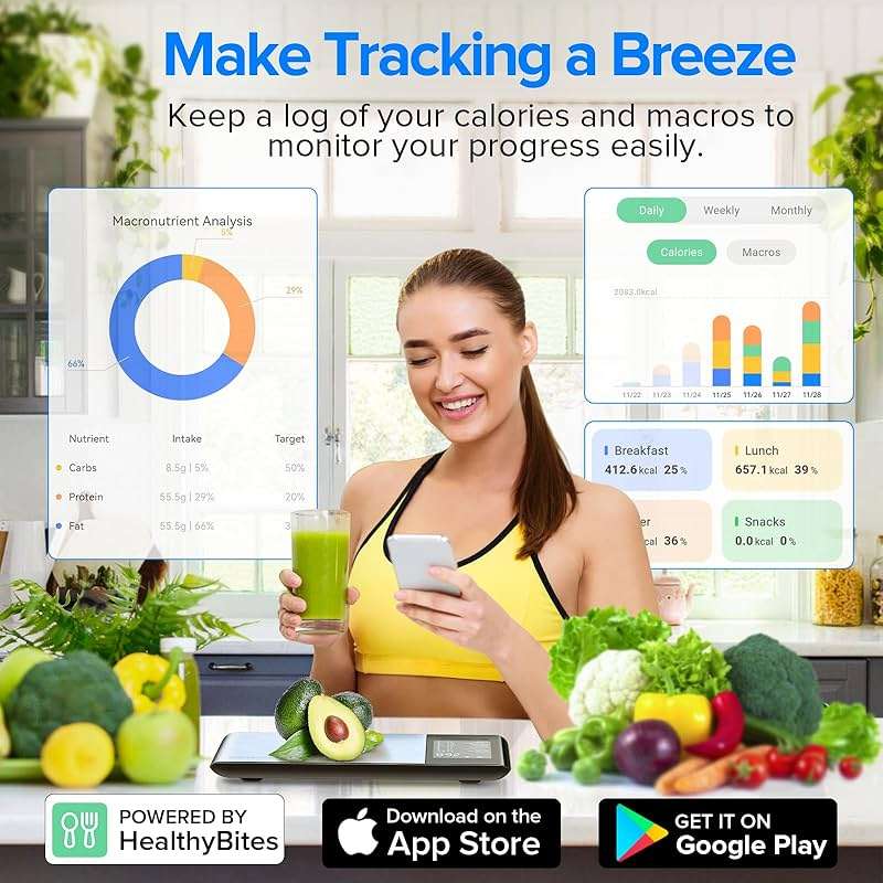 MrOwner Smart Food Kitchen Scale with Nutritional Calculator, Free App with 19 Nutrients Tracking, Calorie, Marco, Digital Weight Grams and Ounces for Weight Loss, Premium Stainless Steel, 22lb - Image 4
