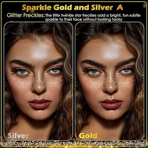 24pcs Gold and Silver Glitter Freckles Face Tattoo, Sparkle Freckles Temporary Face Tattoos, Face Glitter Makeup Patches for Women, Waterproof Makeup Accessories for Mardi Gras Festival - Image 3
