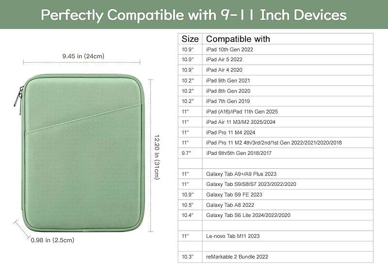 Dadanism 9-11" Tablet Sleeve Bag Carrying Case for iPad (A16) 11th Gen 11", iPad 10th Gen 10.9" Air 5/4, iPad Air M4/Pro 11", iPad 9/8/7th, Galaxy Tab A11+ Plus 11", Remarkable 2 10.3", Dark Green - Image 2