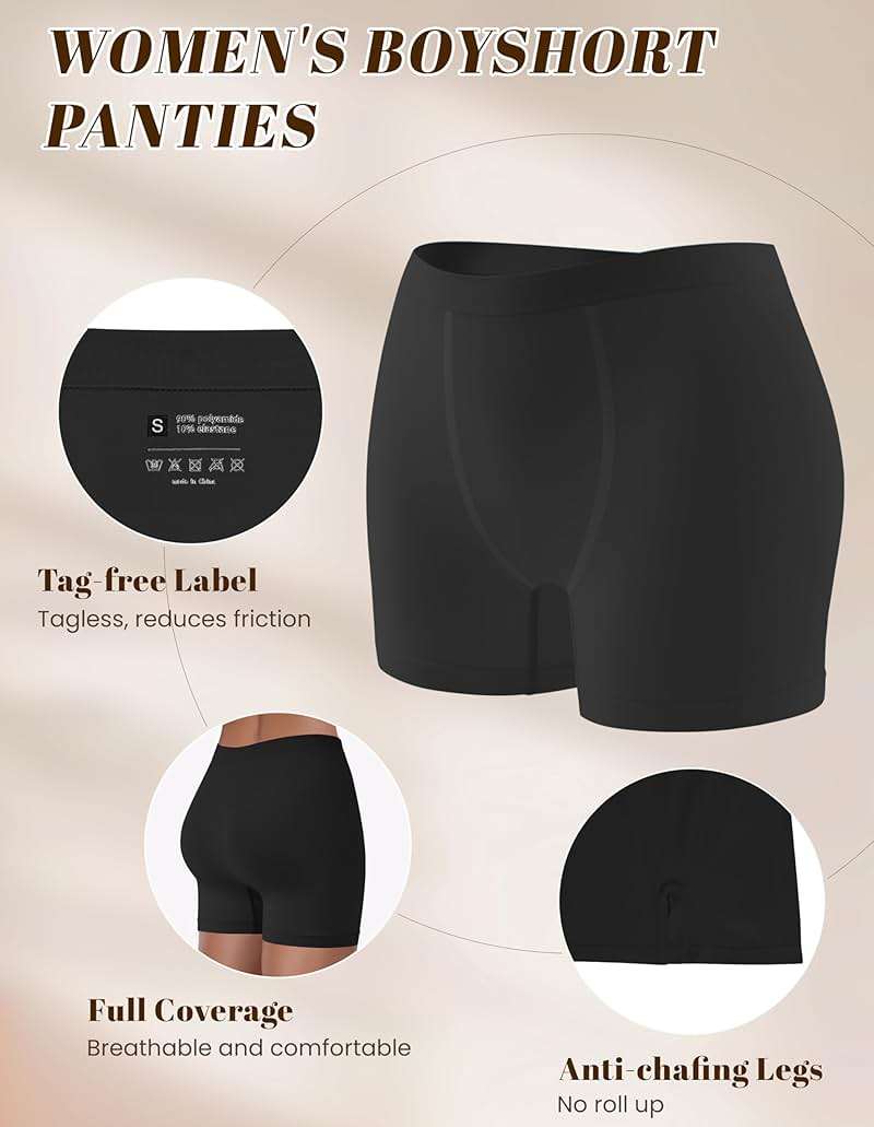 OLCHEE Womens Boyshorts Underwear Panties Seamless High Waisted Boxer Briefs 3.9" Inseam Comfy Stretch Shorts 5 Pack, Black, Large - Image 3