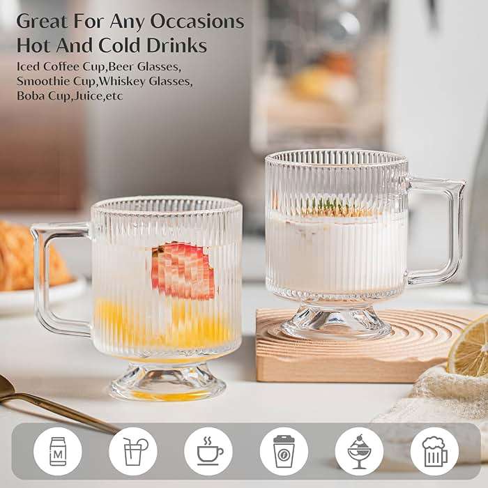 INSETLAN 6-Piece Ribbed Glass Coffee Mug Set, 10 oz Clear Glass Tea Cups with Handle, Modern Vertical Stripe Design for Everyday Drinks – Perfect for Coffee, Tea, Latte, Cappuccino, and More - Image 4