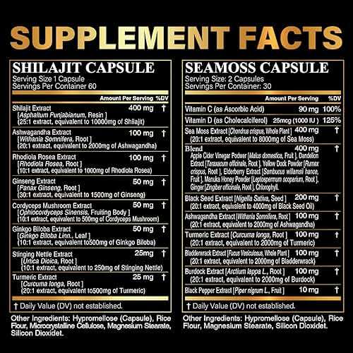 Irish Sea Moss & Shilajit Bundle for Natural Energy, Sleep Support & Hair Growth, Made with Black Seed Oil, Ashwagandha, Ginger, Rhodiola Rosea, Vitamins C & D, for Man & Women, All-in-1 Supplement - Image 4