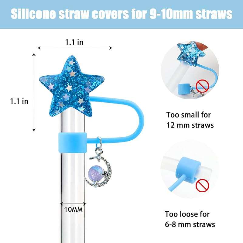 SEMATA 4 PCS Silicone Straw Cover for Stanley Cup Cute Blue Glitter Star Heart Bow Butterfly Straw Toppers for Stanley Cups 30&40 Oz Straws Cover Cap for Tumblers Cup Accessories - Image 3