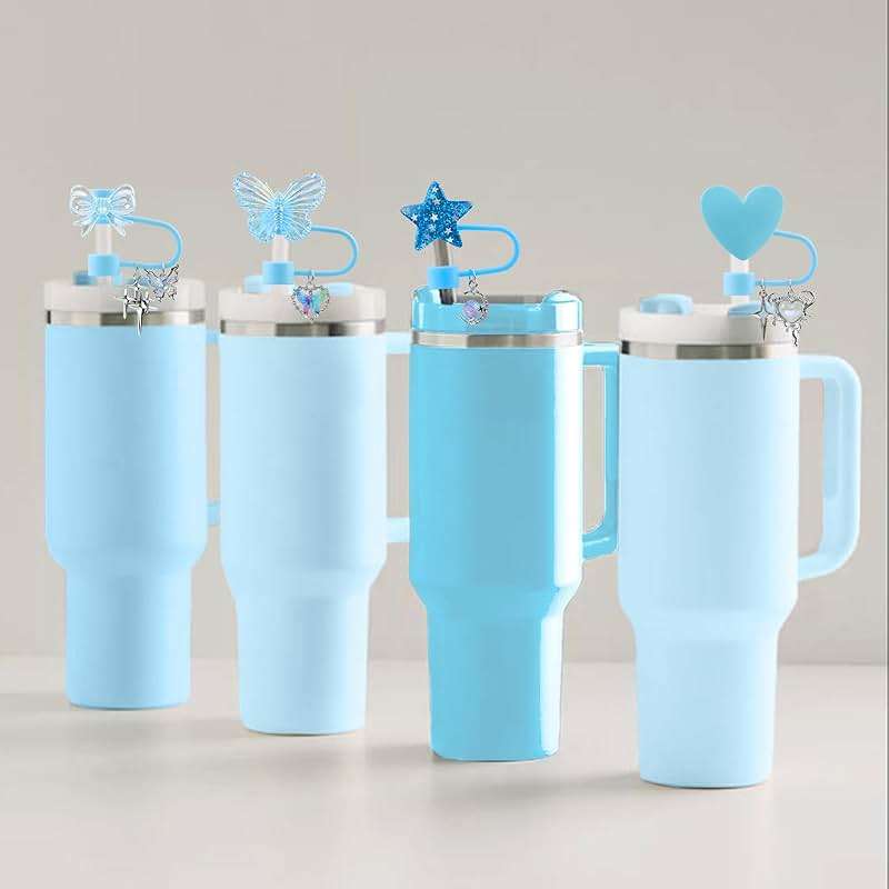 SEMATA 4 PCS Silicone Straw Cover for Stanley Cup Cute Blue Glitter Star Heart Bow Butterfly Straw Toppers for Stanley Cups 30&40 Oz Straws Cover Cap for Tumblers Cup Accessories - Image 5