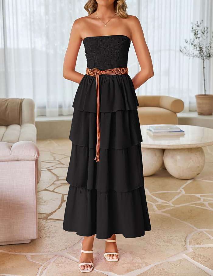 ZESICA Women‘s Summer Boho Strapless Maxi Dress 2026 Casual Sleeveless Off Shoulder Smocked Tiered Beach Long Sundress - Image 4