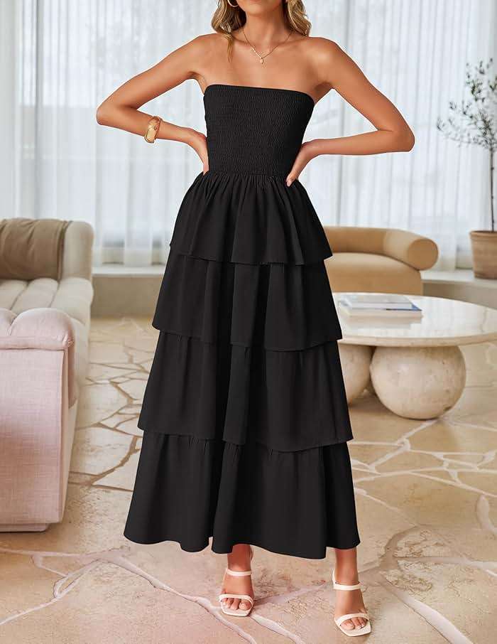 ZESICA Women‘s Summer Boho Strapless Maxi Dress 2026 Casual Sleeveless Off Shoulder Smocked Tiered Beach Long Sundress - Image 2