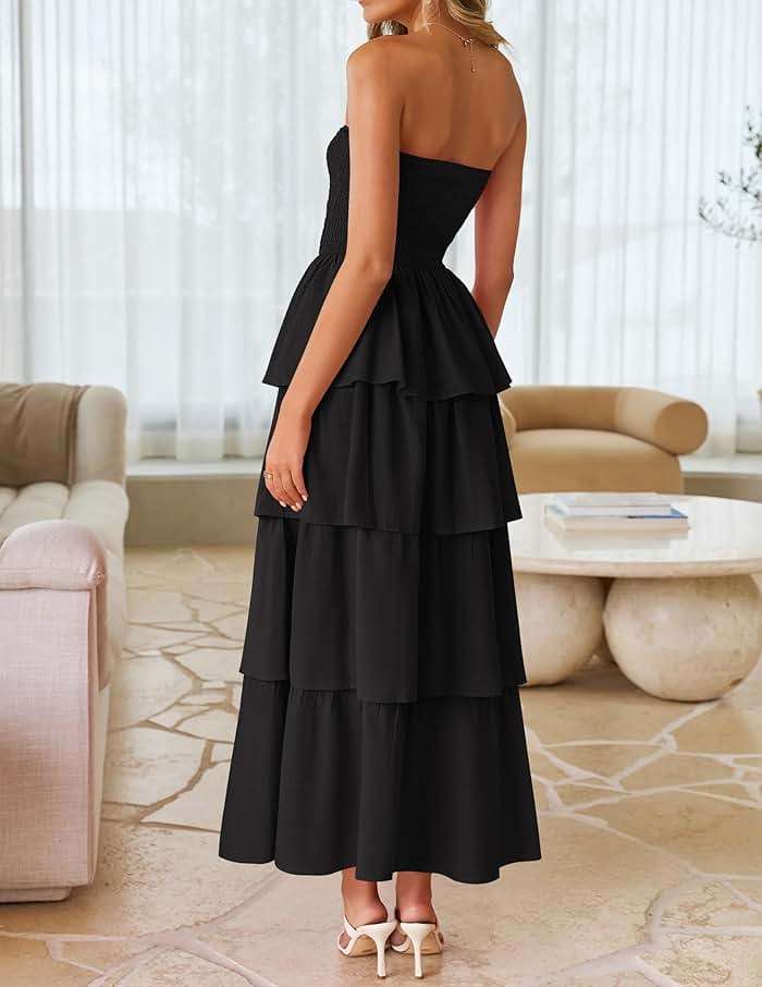 ZESICA Women‘s Summer Boho Strapless Maxi Dress 2026 Casual Sleeveless Off Shoulder Smocked Tiered Beach Long Sundress - Image 3