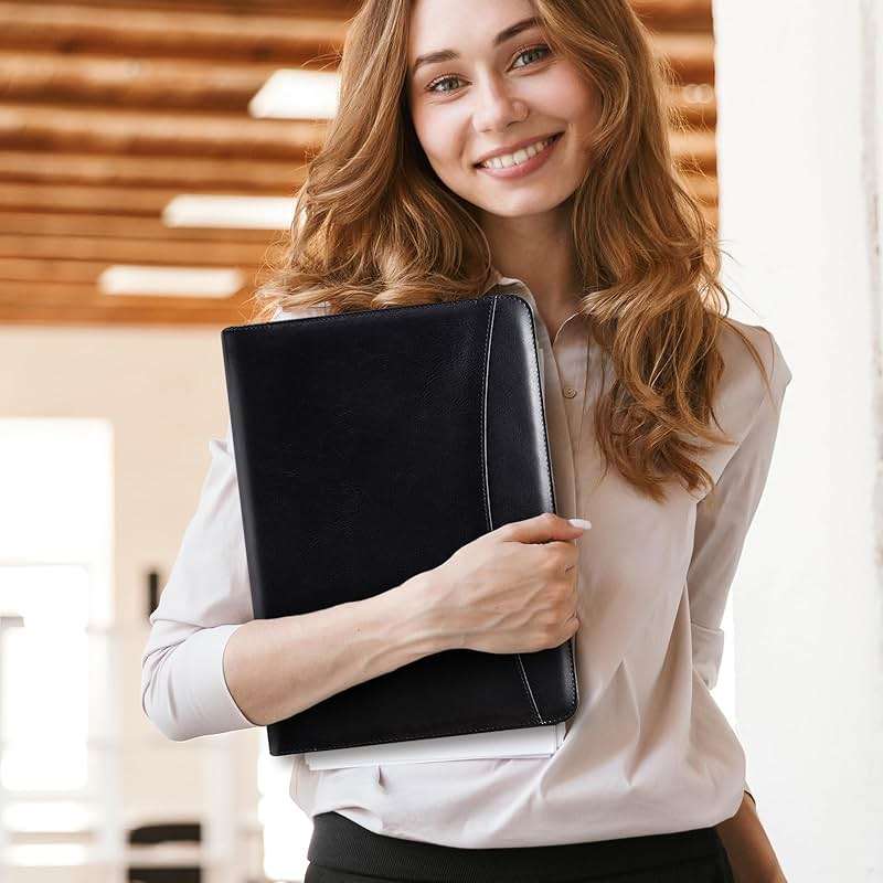 Personalized Leather Portfolio with Zipper - Custom Logo/Text/Photo Binder, A4/Letter Size Document Holder, Business Card Organizer for Women & Men - Customizable Professional Portfolio Folder(Black) - Image 7