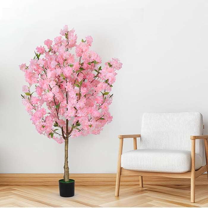 OUSHENG Artificial Cherry Blossom Tree, Fake Plants Indoor Decor, Faux Pink Sakura Flowers for Living Room Home House Entryway Bedroom Office Inside Decorations, 4FT - Image 2
