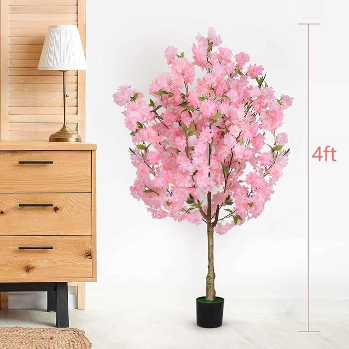 OUSHENG Artificial Cherry Blossom Tree, Fake Plants Indoor Decor, Faux Pink Sakura Flowers for Living Room Home House Entryway Bedroom Office Inside Decorations, 4FT - Image 3