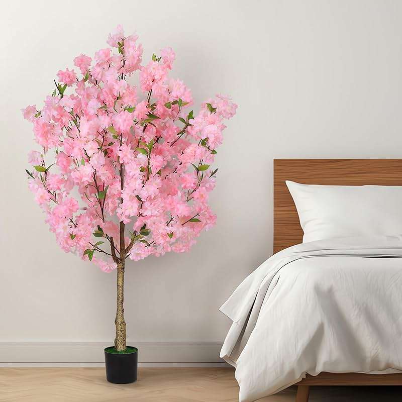 OUSHENG Artificial Cherry Blossom Tree, Fake Plants Indoor Decor, Faux Pink Sakura Flowers for Living Room Home House Entryway Bedroom Office Inside Decorations, 4FT - Image 5