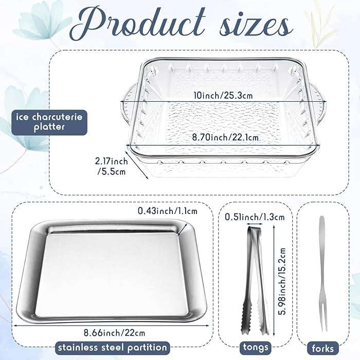 Baderke 4 Set 9" Chilled Serving Tray for Parties with Compartments Ice Chilled Party Platter Charcuterie Serving Board Cold Dish Dip with Forks Tongs for Fruit Seafood Vegetable Appetizer(Silver) - Image 2