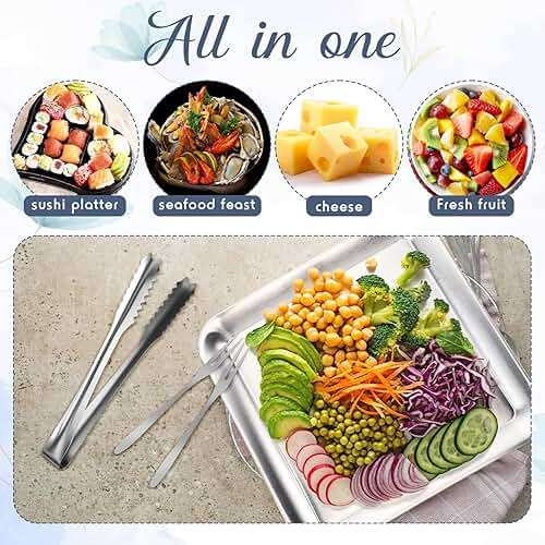 Baderke 4 Set 9" Chilled Serving Tray for Parties with Compartments Ice Chilled Party Platter Charcuterie Serving Board Cold Dish Dip with Forks Tongs for Fruit Seafood Vegetable Appetizer(Silver) - Image 3