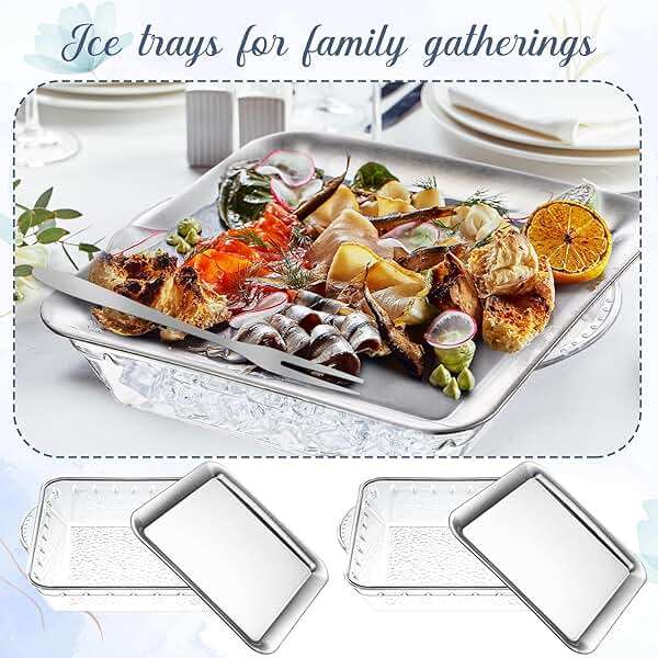 Baderke 4 Set 9" Chilled Serving Tray for Parties with Compartments Ice Chilled Party Platter Charcuterie Serving Board Cold Dish Dip with Forks Tongs for Fruit Seafood Vegetable Appetizer(Silver) - Image 5