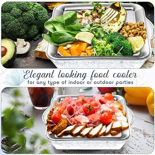 Baderke 4 Set 9" Chilled Serving Tray for Parties with Compartments Ice Chilled Party Platter Charcuterie Serving Board Cold Dish Dip with Forks Tongs for Fruit Seafood Vegetable Appetizer(Silver) - Image 6