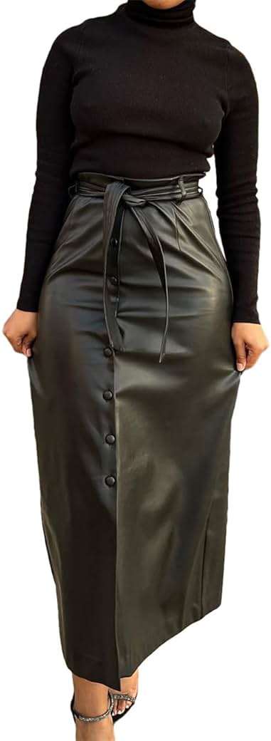 Shiyinvie Women Button Down Front Slit Faux PU Leather Maxi Long Skirt with Belt - Image 1