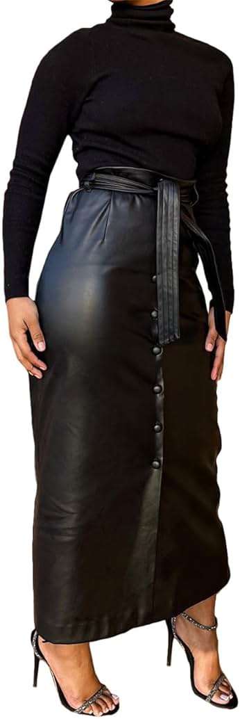 Shiyinvie Women Button Down Front Slit Faux PU Leather Maxi Long Skirt with Belt - Image 2
