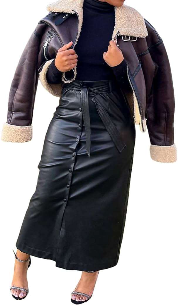 Shiyinvie Women Button Down Front Slit Faux PU Leather Maxi Long Skirt with Belt - Image 3