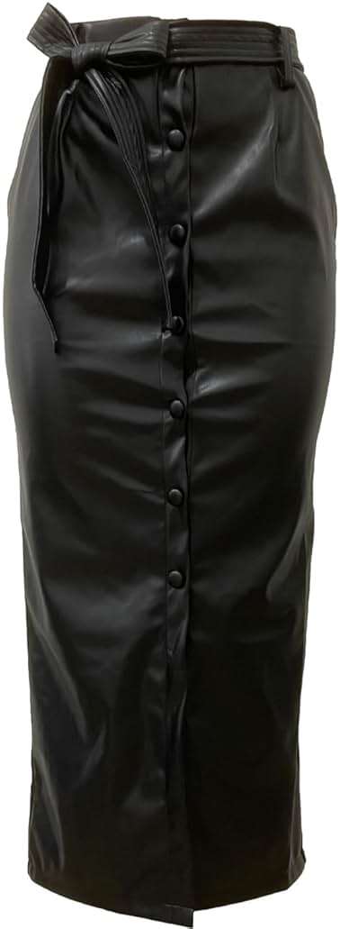Shiyinvie Women Button Down Front Slit Faux PU Leather Maxi Long Skirt with Belt - Image 4