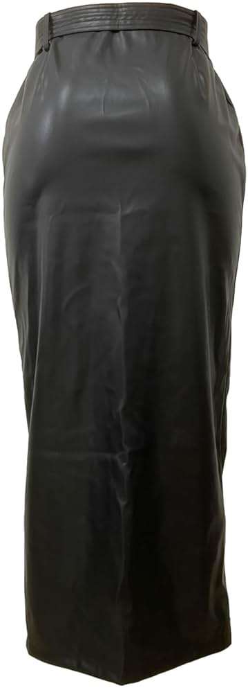 Shiyinvie Women Button Down Front Slit Faux PU Leather Maxi Long Skirt with Belt - Image 5