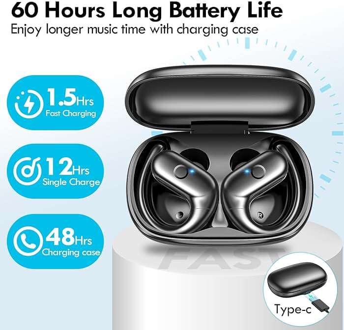 kurdene Wireless Earbuds Bluetooth Headphones Sport,Over Ear Buds with Deep Bass Sound,60Hrs Playtime Earphones Redesigned Comfort Fit with Earhooks for Running,Meeting,Workout-Black - Image 8