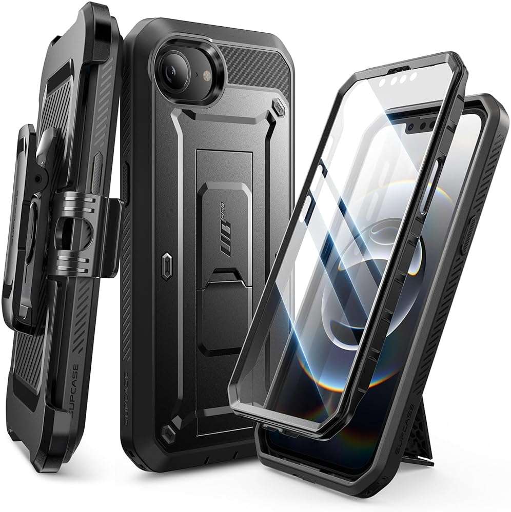 SUPCASE for iPhone 17e/16e Case with Screen Protector (Unicorn Beetle Pro), [Built-in Stand & Belt-Clip] [Military-Grade Protection] Full Body Phone Case for iPhone 17e/16e 6.1 inch, Black - Image 1