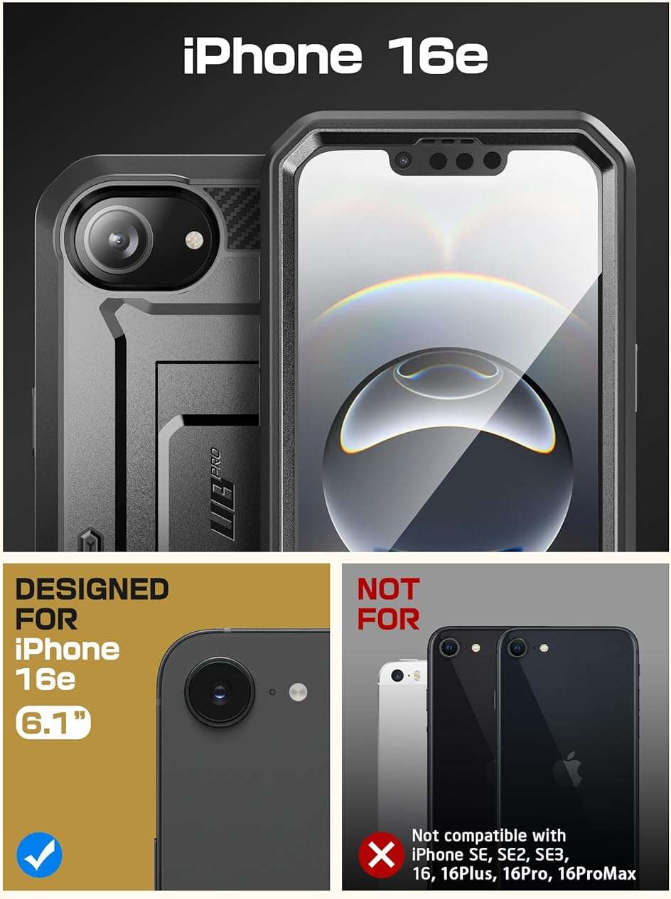 SUPCASE for iPhone 17e/16e Case with Screen Protector (Unicorn Beetle Pro), [Built-in Stand & Belt-Clip] [Military-Grade Protection] Full Body Phone Case for iPhone 17e/16e 6.1 inch, Black - Image 2