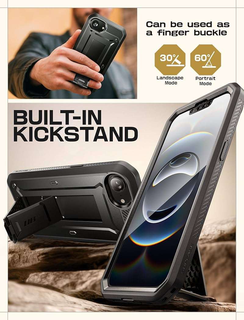 SUPCASE for iPhone 17e/16e Case with Screen Protector (Unicorn Beetle Pro), [Built-in Stand & Belt-Clip] [Military-Grade Protection] Full Body Phone Case for iPhone 17e/16e 6.1 inch, Black - Image 4